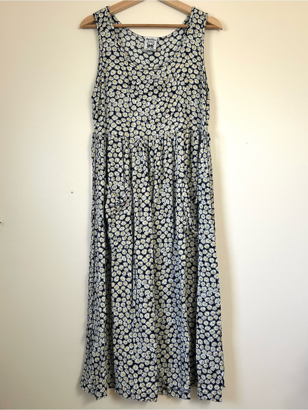 🦋Papillon Vintage 90s Black/Navy and White Daisy Maxi Dress W/ Pockets&Waist Tie